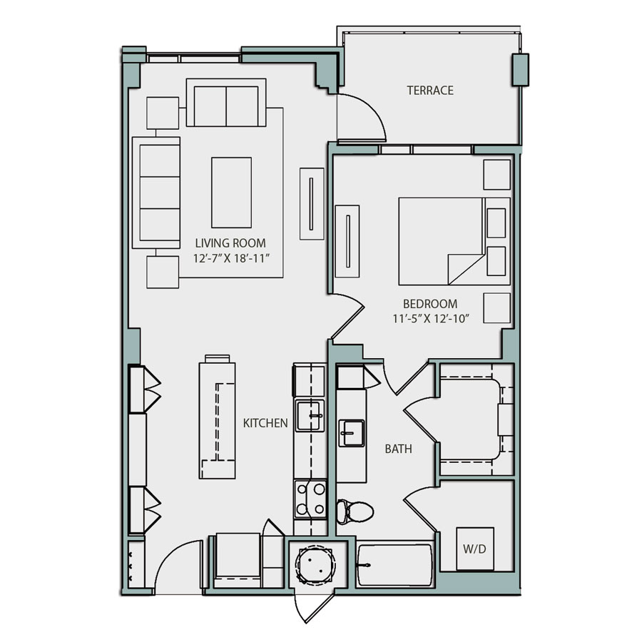 Rendering of the A2.2 floor plan with 1 bedroom[s] and 1 bathroom[s] at The Catherine