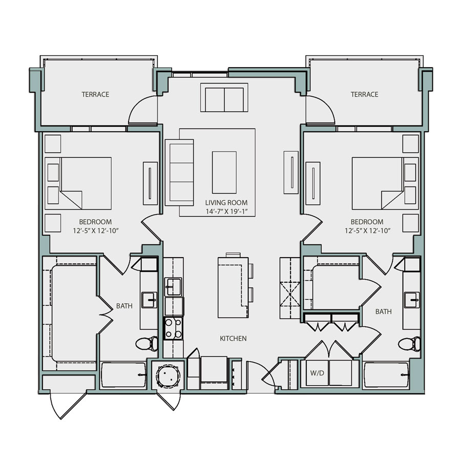 Rendering of the B1 floor plan with 2 bedroom[s] and 2 bathroom[s] at The Catherine