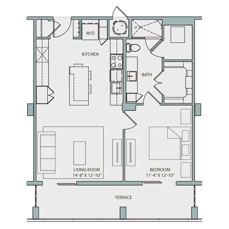 Rendering of the A4.1-S floor plan with 1 bedroom[s] and 1 bathroom[s] at The Catherine