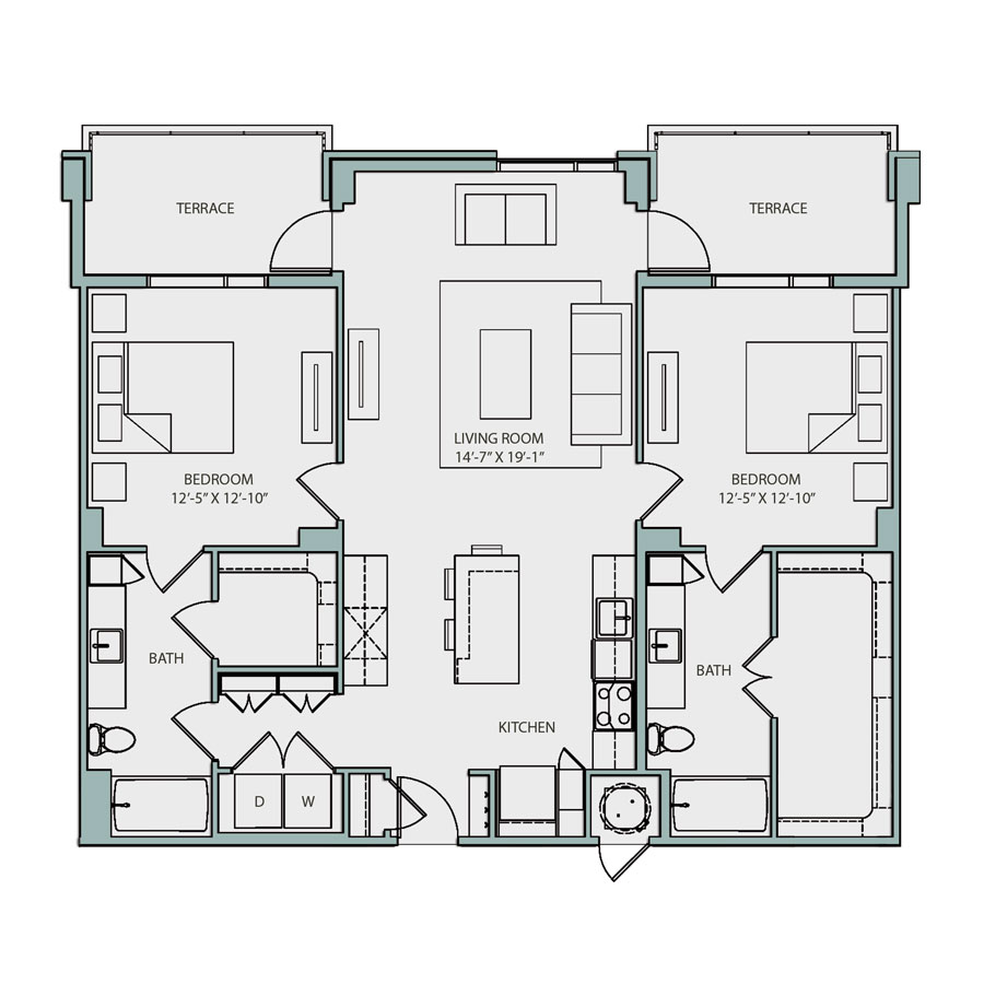 Rendering of the B1.2 floor plan with 2 bedroom[s] and 2 bathroom[s] at The Catherine