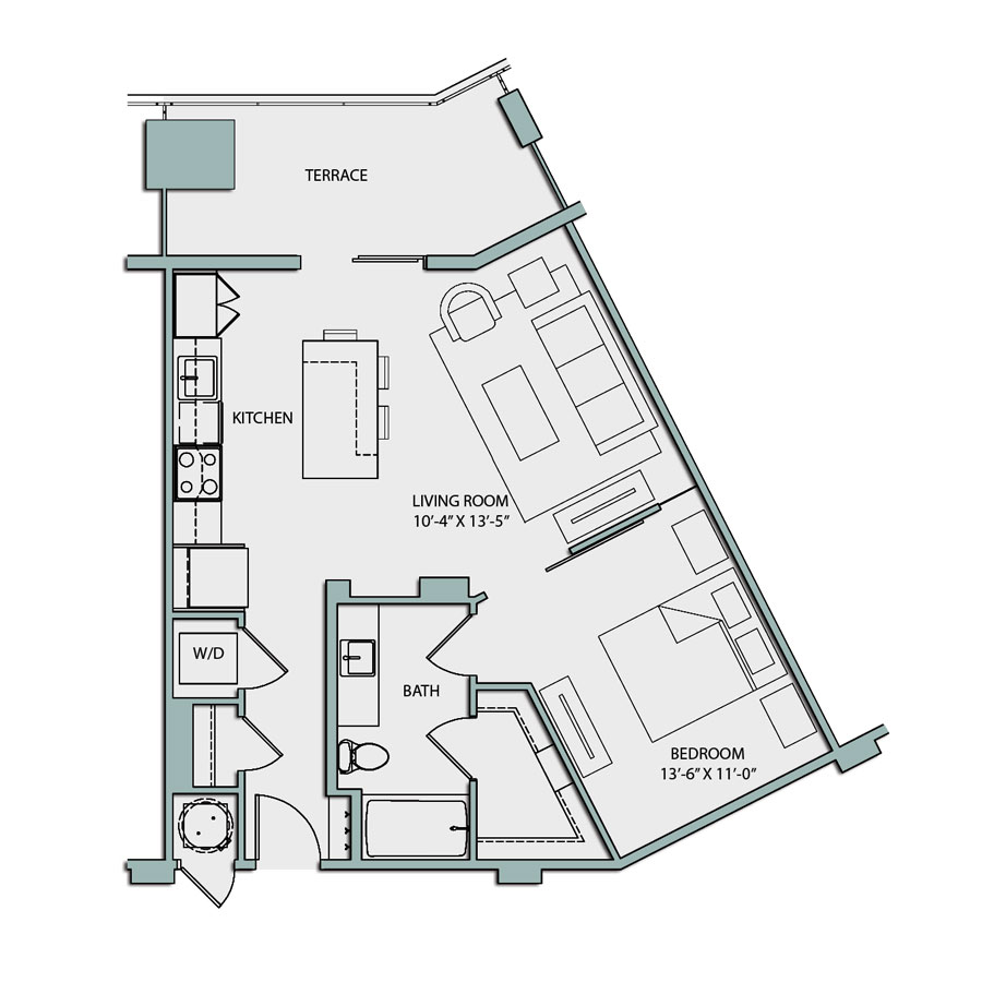Rendering of the A1 floor plan with 1 bedroom[s] and 1 bathroom[s] at The Catherine