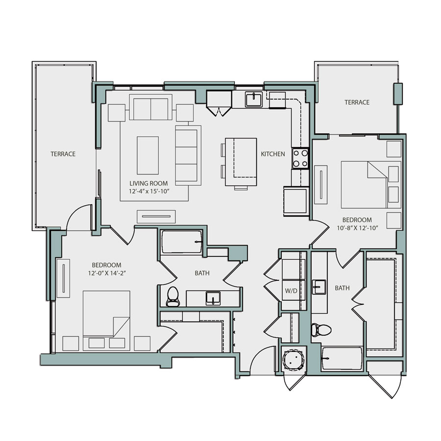 Rendering of the B2 floor plan with 2 bedroom[s] and 2 bathroom[s] at The Catherine