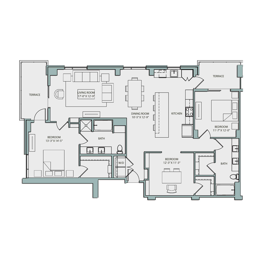Rendering of the C1 floor plan with 3 bedroom[s] and 2 bathroom[s] at The Catherine