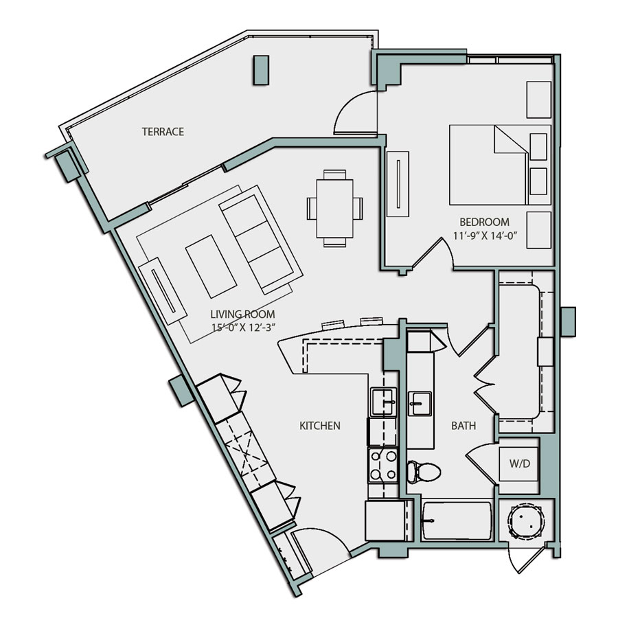 Rendering of the A3 floor plan with 1 bedroom[s] and 1 bathroom[s] at The Catherine