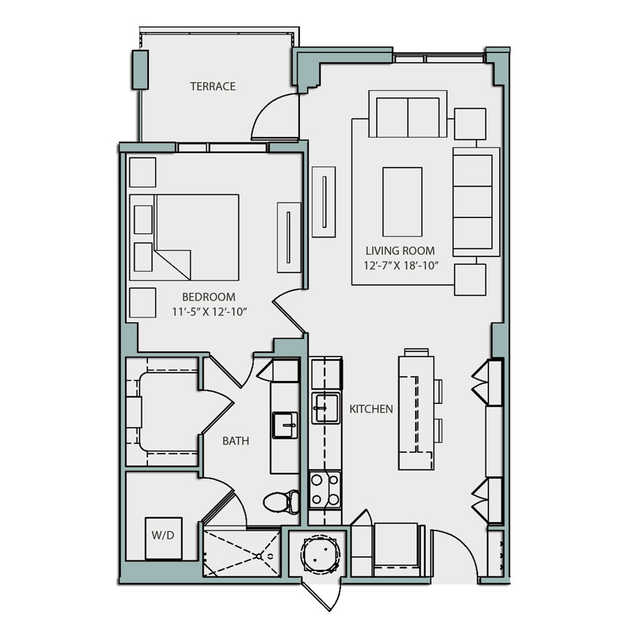 Rendering of the A2S floor plan with 1 bedroom[s] and 1 bathroom[s] at The Catherine