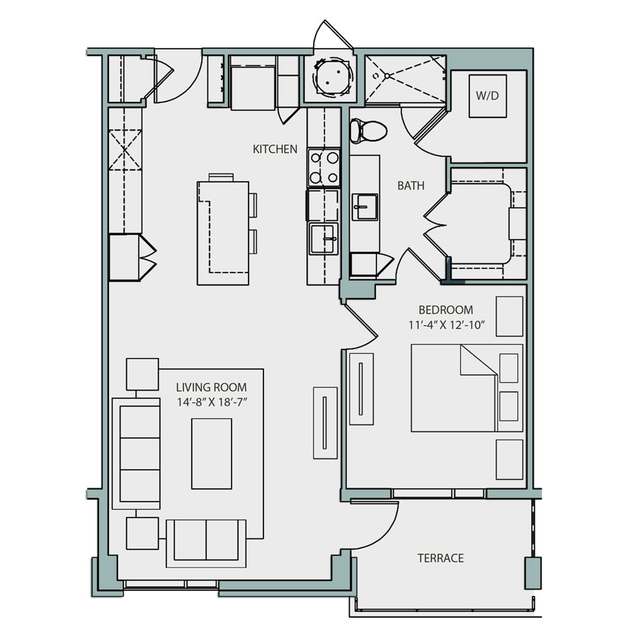 Rendering of the A4S floor plan with 1 bedroom[s] and 1 bathroom[s] at The Catherine