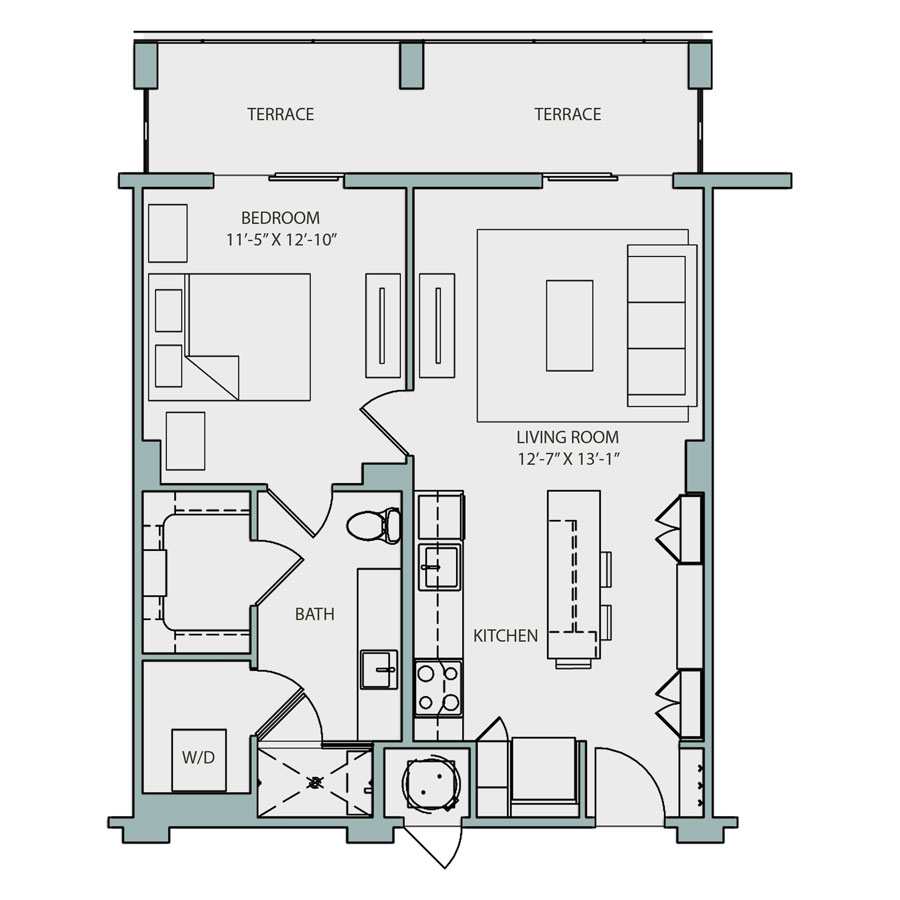Rendering of the A2.1-S floor plan with 1 bedroom[s] and 1 bathroom[s] at The Catherine
