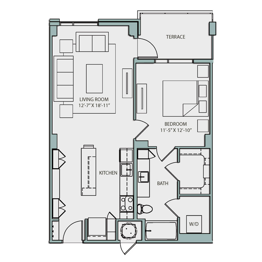 Rendering of the A2 floor plan with 1 bedroom[s] and 1 bathroom[s] at The Catherine