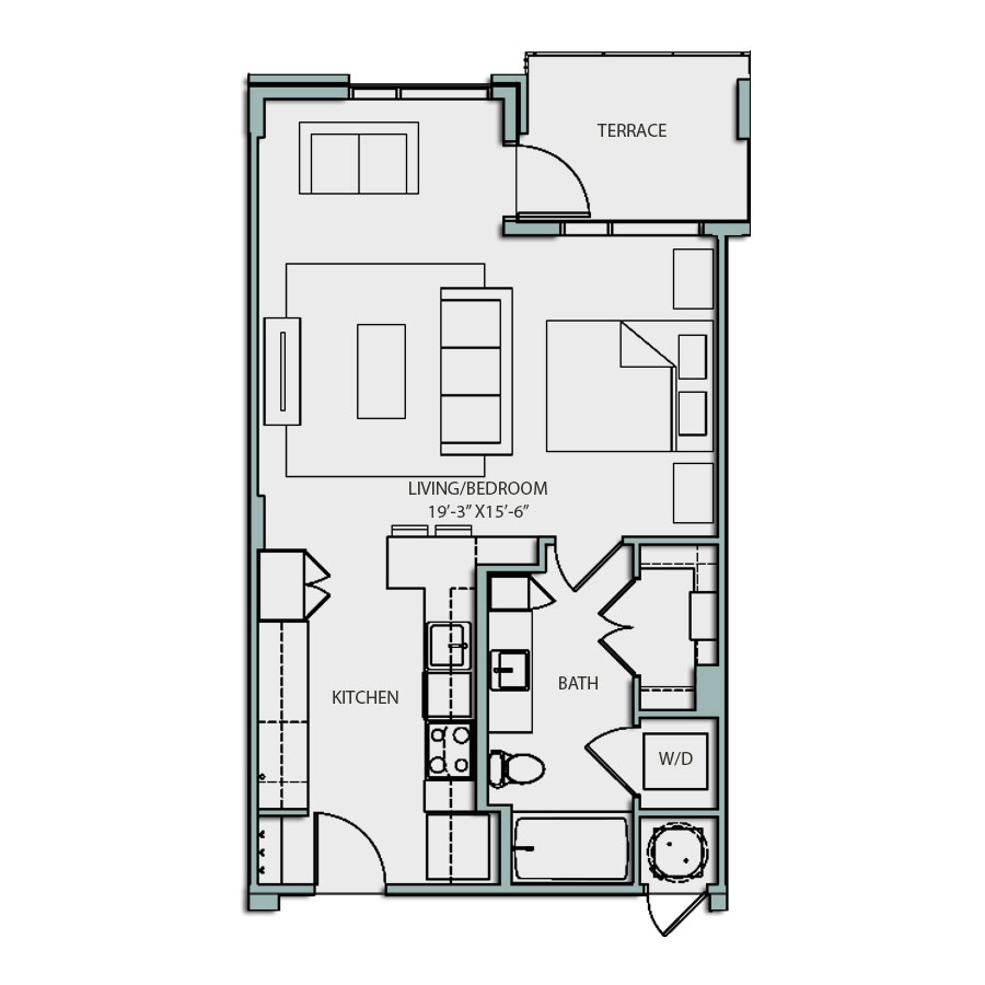 Rendering of the S1 floor plan with a Studio bedroom and 1 bathroom[s] at The Catherine