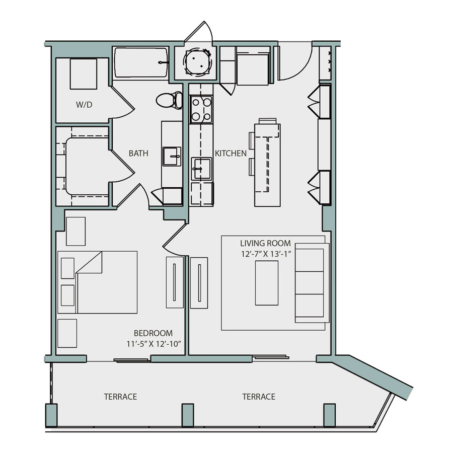 Rendering of the A2.1 floor plan with 1 bedroom[s] and 1 bathroom[s] at The Catherine