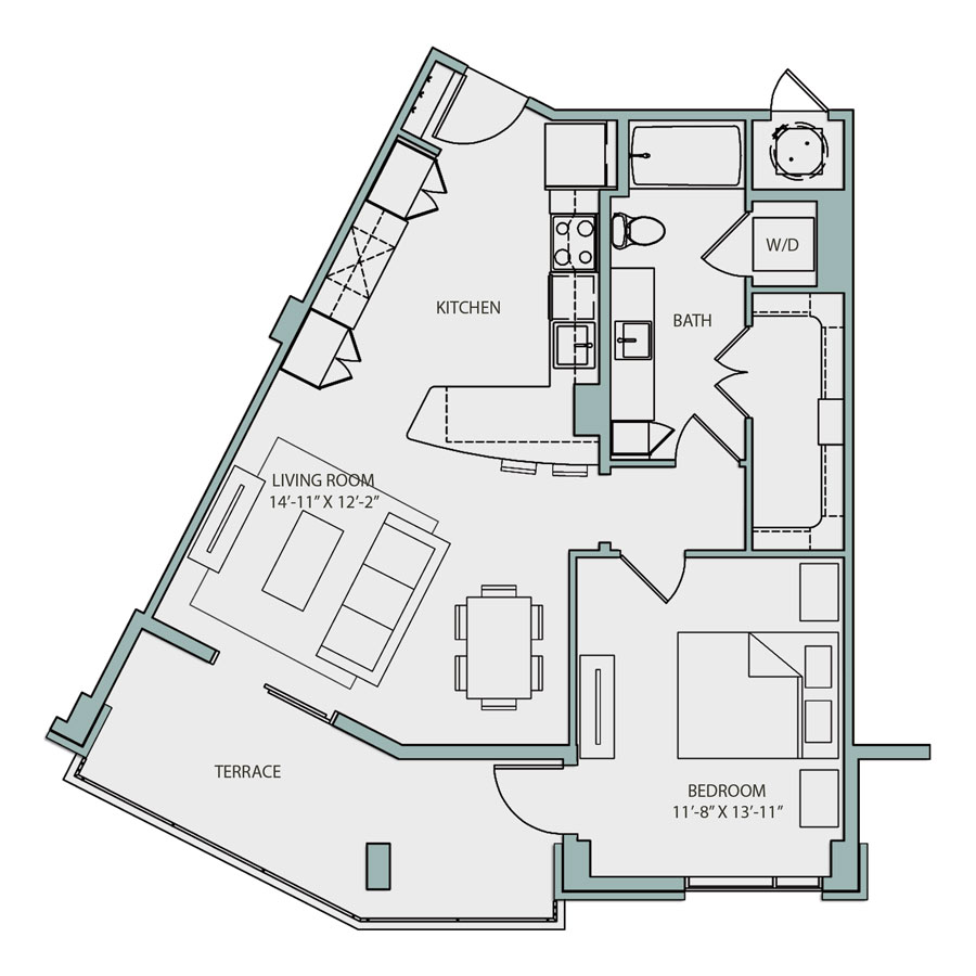 Rendering of the A3a floor plan with 1 bedroom[s] and 1 bathroom[s] at The Catherine