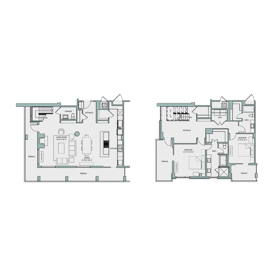 Rendering of the PH1 floor plan with 2 bedroom[s] and 2.5 bathroom[s] at The Catherine