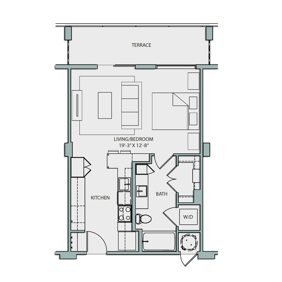 Rendering of the S1.1 floor plan with a Studio bedroom and 1 bathroom[s] at The Catherine