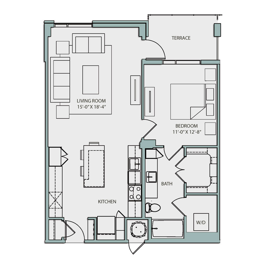 Rendering of the A4 floor plan with 1 bedroom[s] and 1 bathroom[s] at The Catherine