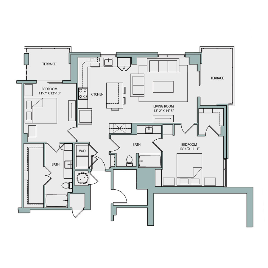Rendering of the B2A floor plan with 2 bedroom[s] and 2 bathroom[s] at The Catherine