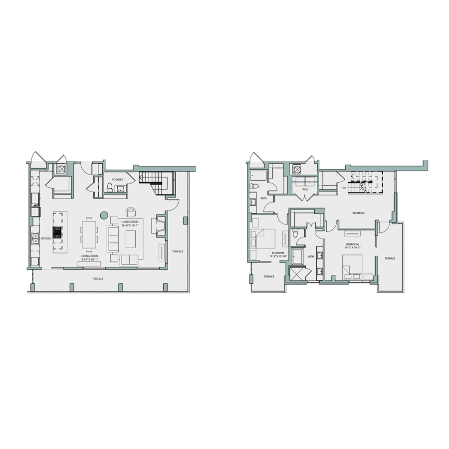 Rendering of the PH2 floor plan with 2 bedroom[s] and 2.5 bathroom[s] at The Catherine