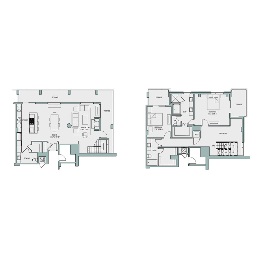 Rendering of the PH3 floor plan with 2 bedroom[s] and 2.5 bathroom[s] at The Catherine